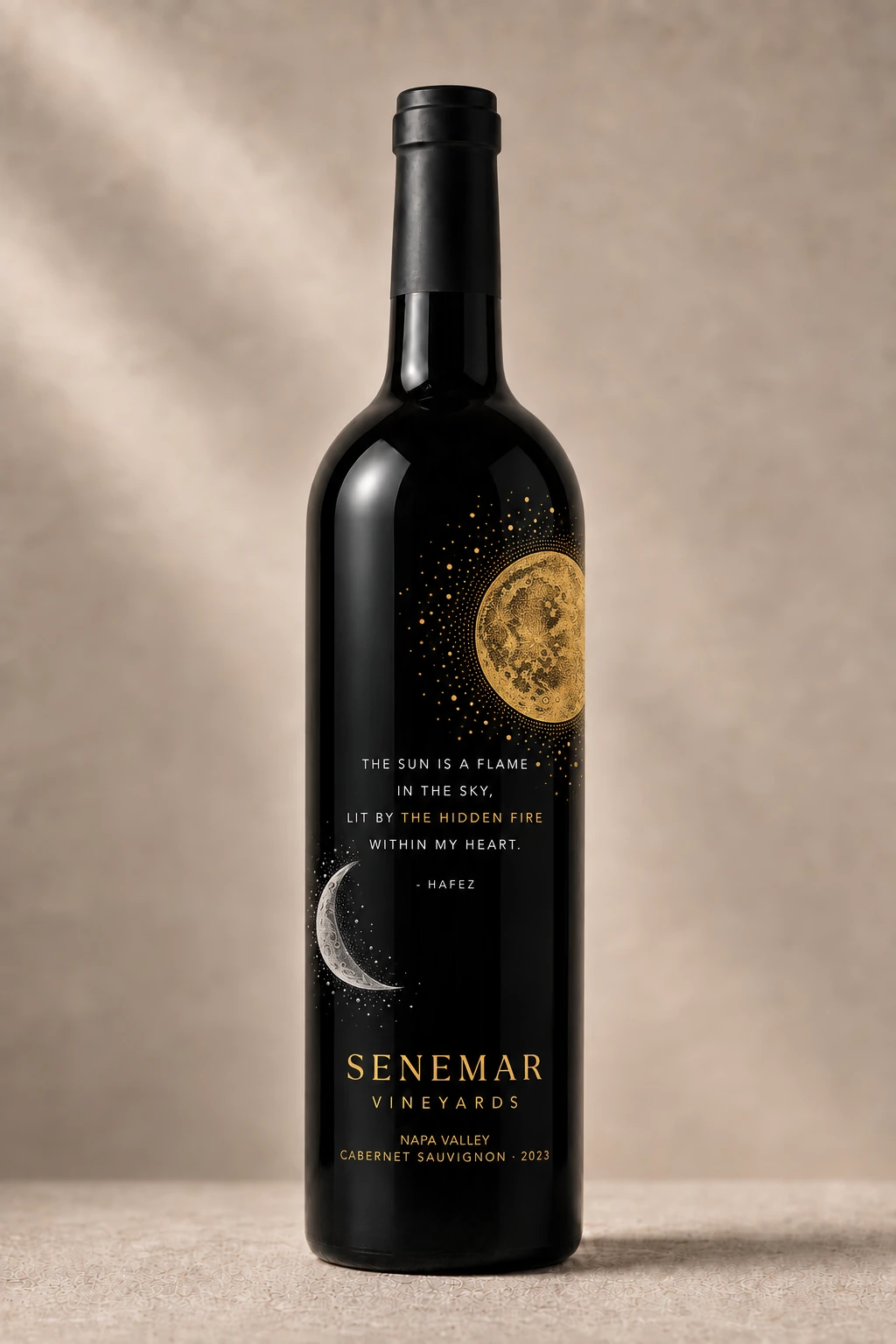 Senemar Hafez Cabernet Sauvignon bottle visualization, The Hidden Fire artwork